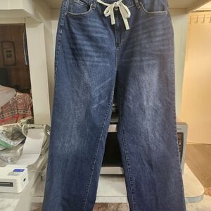 Classic Blue Wide Leg Jeans with White Tie